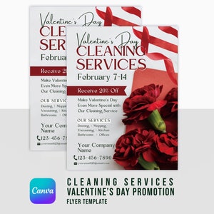 Plantilla de volante de servicios de limpieza del Día de San Valentín / Canva / 8.5 x 11 / Negocio limpio / Empresa de limpieza / Oferta especial del Día de San Valentín