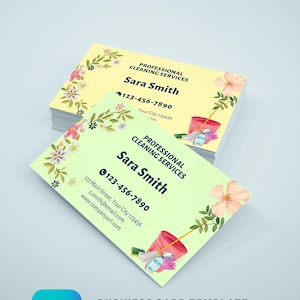 Plantilla de tarjeta de visita de servicio de limpieza / 2 colores / Acuarela / Negocio de limpieza / Editable / Canva / 3.5”x2” / Descarga instantánea