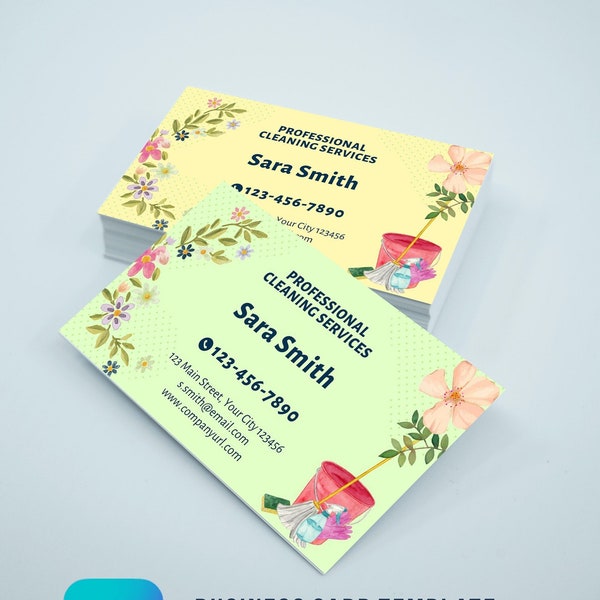 Plantilla de tarjeta de visita de servicio de limpieza / 2 colores / Acuarela / Negocio de limpieza / Editable / Canva / 3.5”x2” / Descarga instantánea
