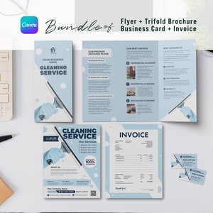 May include: A blue and white cleaning service flyer, brochure, business card, and invoice. The flyer features a cleaning service logo and a squeegee. The brochure has a list of services, including commercial, residential, and specialized cleaning. The business card has a cleaning service logo and contact information. The invoice is a simple template with a space for the customer's name, address, and invoice number.