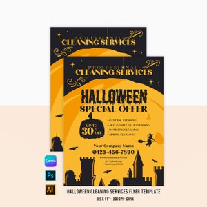 May include: A Halloween cleaning services flyer template featuring a black and orange color scheme. The design includes a large moon, a silhouette of a castle, a witch on a broomstick, and bats. Text includes Professional Cleaning Services, Halloween Special Offer, and a list of services.