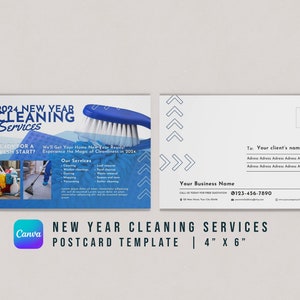 Sjabloon voor briefkaart voor schoonmaakdiensten voor het nieuwe jaar | Kanva | 4 "x 6" | Direct downloaden | Schoon ondernemen | Vakantie wenskaart | Reinigingsadvertentie