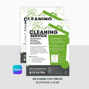 May include: Two flyers for a bin cleaning service. The design features a green trash can graphic and the words "Bin Cleaning Service" in large, bold text. The flyers include service plans and contact information.