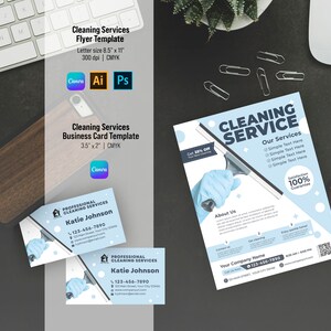 Flyer för städservice + visitkortsmall | Redigerbar | Utskrivbar | Adobe Illustrator och Canva | Letter-storlek | 3,5x2" | Direktnedladdning