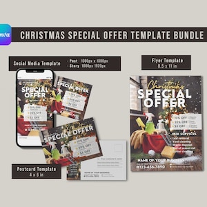 Folleto del paquete de oferta especial de Navidad 8.5x11" + Postal (4x6") + Plantilla de redes sociales (publicación e historia) / Editable / Canva / Descarga digital