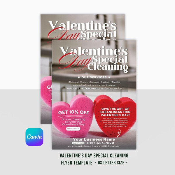 Valentine's Day Cleaning Services Flyer Template | Canva | 8.5 x 11  | Clean Business | Cleaning Company | Valentine's Day Special Offer