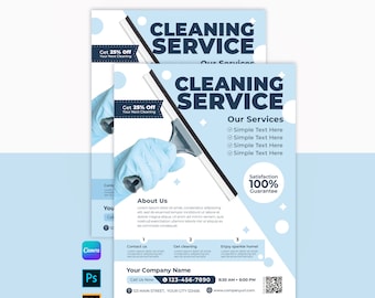 May include: A blue and white flyer advertising cleaning services. The flyer features a hand wearing a blue glove holding a squeegee. The text on the flyer reads "Cleaning Service", "Our Services", "Simple Text Here", "Satisfaction 100% Guarantee", "About Us", "Contact Us", "Get Cleaning", "Enjoy sparkle home", "Your Company Name", "Call Us Now 123-456-7890", "8:30 AM - 6:00 PM", "123 Main Street, Your City 123456", "www.companyurl.com", "Cleaning Service Flyer Template - 8.5 x 11" - 300 DPI - CMYK".