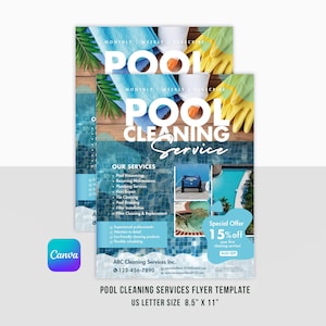 Folleto del servicio de limpieza de piscinas / Plantilla de volante imprimible para empresas limpias profesionales de verano / Canva / Tamaño carta de EE. UU. / Descarga instantánea