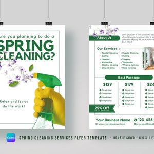 May include: A green and white flyer with a green and yellow spray bottle and the text "Are you planning to do a SPRING CLEANING?" and "Relax and let us do the work!" on the left side. The right side of the flyer has the text "About Us", "Our Services", "Best Package", and "Your Business Name" with a phone number and email address. The flyer also has a price list for different cleaning packages.