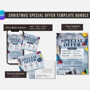 Folleto del paquete de oferta especial de Navidad 8.5x11" + Postal (4x6") + Plantilla de redes sociales (publicación e historia) / Editable / Canva / Descarga digital