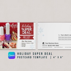 Plantilla de Postal de Super Oferta Navideña | Canva | 4" x 6" | Descarga Instantánea | Negocio de Salones de Uñas | Marketing de Uñas
