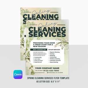 Könnte beinhalten: Ein grüner und weißer Flyer mit einem floralen Hintergrund, der Frühlingsreinigungsdienste bewirbt. Der Flyer enthält den Text "Spring Cleaning Services", "Providing your home a fresh start for a new season!" und "Why Choose Us?" mit einer Liste von Gründen, warum man ihre Dienste wählen sollte. Der Flyer enthält auch den Text "Our Services" mit einer Liste der angebotenen Dienstleistungen. Der Flyer enthält den Firmennamen, die Telefonnummer, die Website und die Adresse. Der Flyer ist 8,5 Zoll mal 11 Zoll groß.