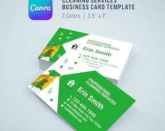 May include: Green and white business card template for a professional cleaning service. The card features a green background with a white house icon and a spray bottle graphic. The text on the card reads "Professional Cleaning Services" and "Erin Smith". The card also includes a phone number, address, website, and email address.