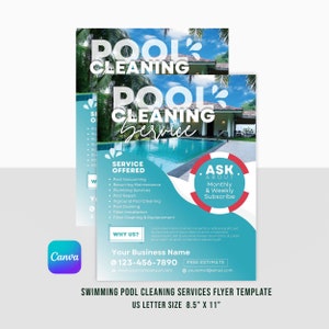 Może przedstawiać: Niebieska i biała ulotka z tekstem "Pool Cleaning Service" dużymi białymi literami. Ulotka reklamuje usługi czyszczenia basenów, w tym odkurzanie, regularne konserwacje, usługi hydrauliczne, naprawy basenów, czyszczenie basenów naziemnych, opróżnianie basenów, instalację filtrów oraz czyszczenie i wymianę filtrów. Ulotka zawiera również numer telefonu, adres strony internetowej i adres e-mail.