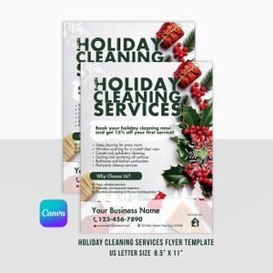 Puede incluir: Un folleto para servicios de limpieza navideña. El diseño presenta el texto "Holiday Cleaning Services" con decoraciones festivas como cajas de regalo rojas, acebo y bayas. El folleto incluye un llamado a la acción e información de contacto.