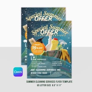 Folleto editable del servicio de limpieza de verano / Plantilla de volante imprimible de negocios limpios profesionales / Canva / Tamaño de carta de EE. UU. / Descarga instantánea