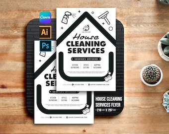 House Cleaning Services Printable Flyer | Cleaning Company Template flyer | AI, PSD | A4 | Black & White | Instant Download | Simple