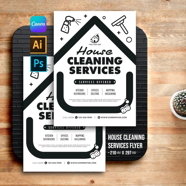 House Cleaning Services Printable Flyer | Cleaning Company Template flyer | AI, PSD | A4 | Black & White | Instant Download | Simple