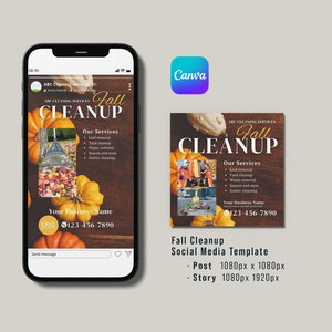 May include: A social media post template for a fall cleanup service. The template features a brown wooden background with a collage of images of pumpkins, leaves, and people raking leaves. The text "Fall Cleanup" is in large, white letters at the top of the template. The text "Our Services" is in smaller, white letters below the title. A list of services is provided, including leaf removal, yard cleanup, waste removal, season end mow, and gutter cleaning. The phone number 123-456-7890 is at the bottom of the template.