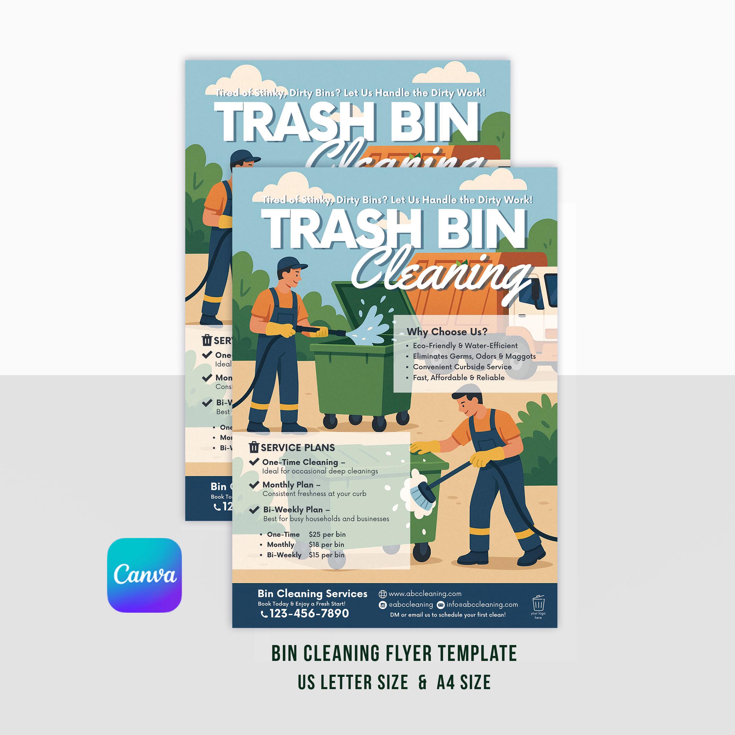 Mülleimer Reinigung Flyer Vorlage | Bearbeitbares Canva Design für Mülleimer Reinigungsservice | Druckbarer Marketing Flyer für kleine Unternehmen