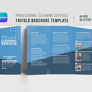 May include: A blue and gray trifold brochure template for professional cleaning services. The brochure features the text "Professional Cleaning Service" and includes information about the company's services, including residential, commercial, and specialized cleaning. The brochure also highlights the company's personalized approach, eco-friendly practices, and best service.