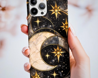 Star and Crescent Moon Tough Phone Case, Crescent Moon Black Sky and Star Phone Case for iPhone 17 16 15 14 13, Samsung S25 S24 S23, Star