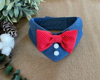 Boy Dog Collar, denim collar, red bow, bowtie, boy dog bandana, dog casual clothing, dog tuxedo, dog mom gift