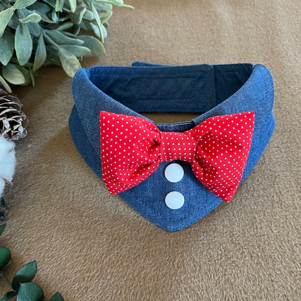 Boy Dog Collar, denim collar, red bow, bowtie, boy dog bandana, dog casual clothing, dog tuxedo, dog mom gift