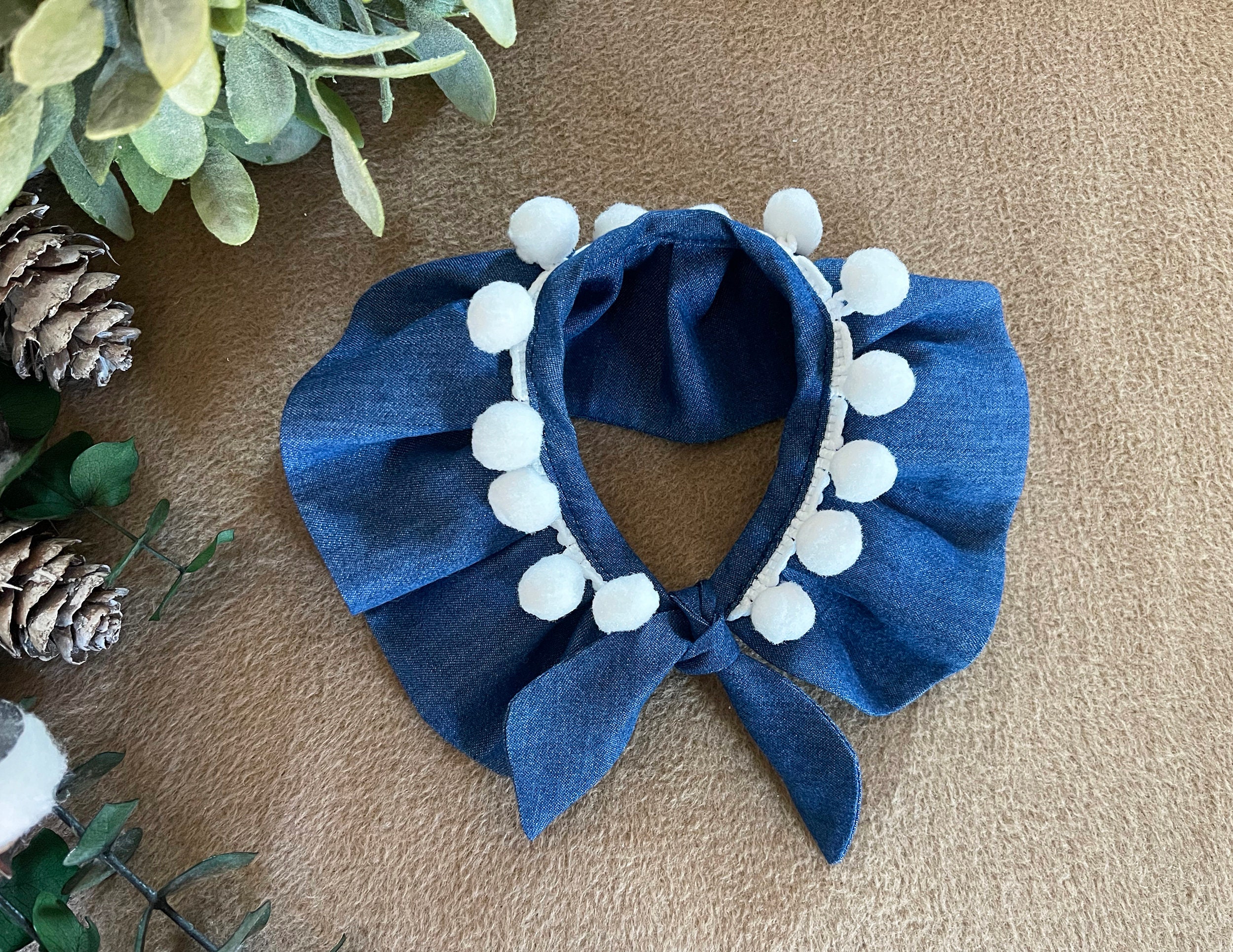 Denim Pom Pom Bandana, Dog Cape, Dog Bandana, Summer Bandanas, Dog Mom Gift, Dog Scarf, Dog Collar, Dog Cape, Cute dog accessories