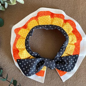 May include: A black and white bow tie with a yellow and orange patterned collar. The collar has a ruffled edge.
