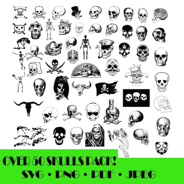 Collection 50+ skulls | Horror Halloween pack | vector skulls | Halloween vector pack | PNGs + SVGs + pdf + jpeg - Digital download!