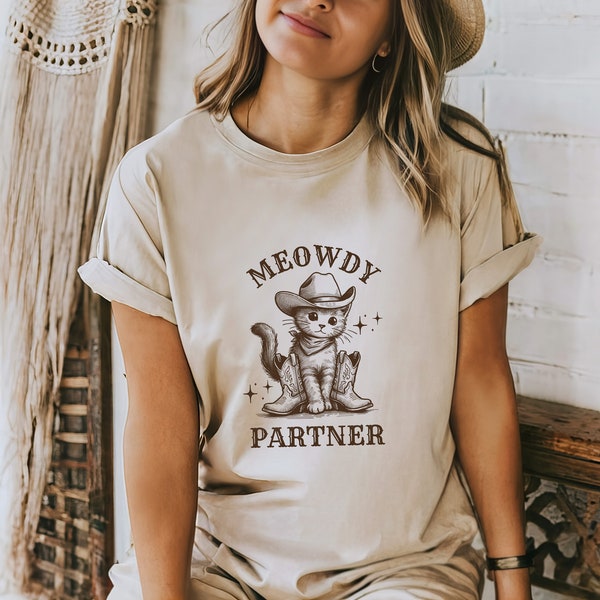 Meowdy Partner - Cowboy Funny Cat Western Style Beige Y2K Oversized T-shirt - Women's Trendy T-Shirt