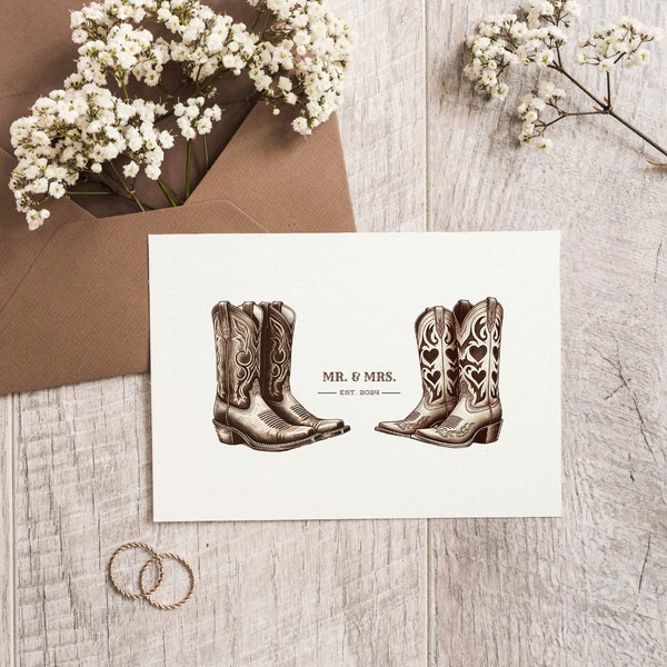 Mr. & Mrs. 2024 Wedding Card Download- Printable Rustic Wedding Card- Cowboy Boots Western Wedding- Instant Download