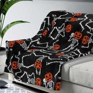 Dancing Skeleton Blanket | Halloween Sherpa Blanket | Cute Halloween Blanket | Velveteen Plush Blanket | Fall Home Decor | Pumpkin head