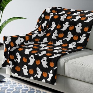 Ghost Blanket | Ghost and Pumpkin Blanket | Cute Halloween Blanket | Velveteen Plush Blanket | Cozy Halloween Throw Blanket | Sherpa Blanket