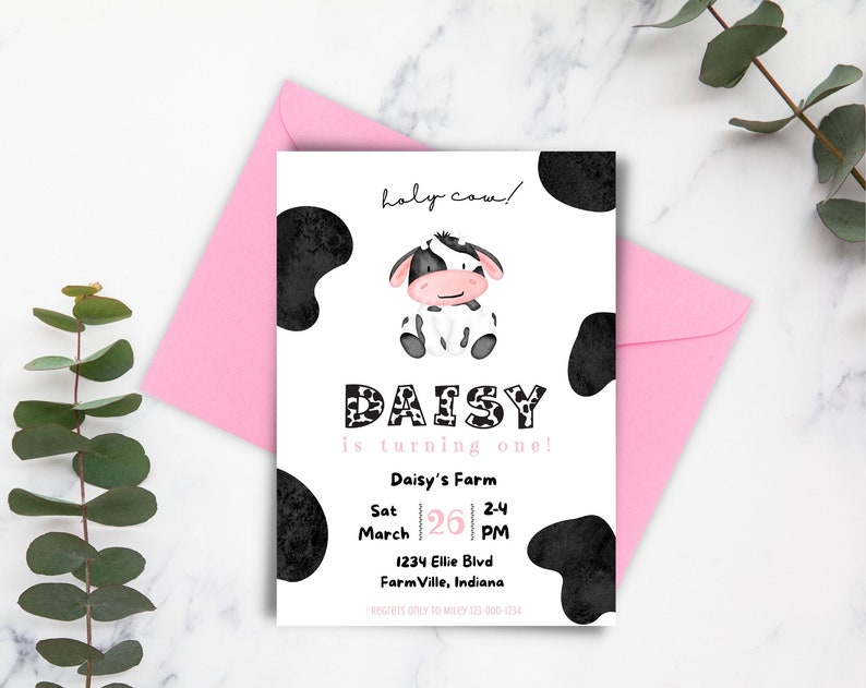 DIGITAL Cow Birthday Invitation Holy Cow Im one Farm birthday