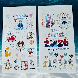 May include: Two white sticker sheets featuring Disney cruise themes. The left sheet displays Let's Cruise text, a cruise ship, Mickey, Minnie, Donald, Pluto, and nautical icons. The right sheet shows Disney Cruise 2026 Family Vacation text, a ship, and characters.
