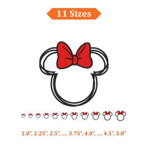 Puede incluir: Un diseño de cabeza de Minnie Mouse en negro y rojo con un lazo rojo. La imagen incluye el texto "11 Tamaños" y medidas de tamaño que van desde 5,08 cm hasta 12,7 cm. Adecuado para proyectos de manualidades.
