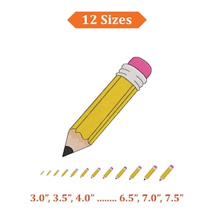 Könnte beinhalten: Ein gelber Bleistift mit rosa Radiergummi und schwarzer Spitze. Das Bild enthält den Text "12 Größen" und Bleistiftgrößen von 7,6 cm bis 19,1 cm.