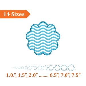 May include: A blue and white wavy pattern design in a scalloped shape. The image shows 14 sizes, ranging from 1.0" to 7.5" in diameter. The text "14 Sizes" is in an orange banner.