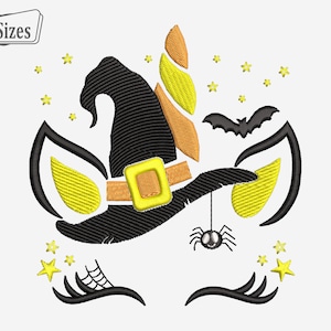 Witch Unicorn Embroidery Designs, Halloween Unicorn Digital Embroidery, Unicorn Halloween Machine Designs Files - 3 sizes, Instant Download