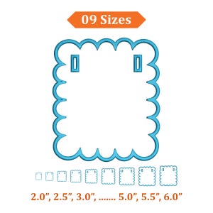 May include: A blue scalloped-edge embroidery design with two rectangular openings at the top. The image includes the text "09 Sizes" and size measurements ranging from 2.0" to 6.0" in various increments. This design is suitable for embroidery projects.