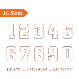 Puede incluir: Una colección de números del 0 al 9 en una fuente serif, delineados en color cobre. Los números se muestran sobre un fondo blanco. El texto "16 Tamaños" está en un cuadro naranja en forma de flecha. Tamaños de 3,8 cm a 19,1 cm.