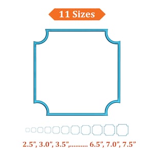 Puede incluir: Un marco cuadrado de color turquesa con esquinas redondeadas. La imagen incluye el texto "11 Tamaños" en una pancarta naranja. Debajo, versiones más pequeñas del marco, de 6,35 cm a 19,05 cm.