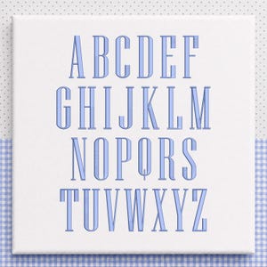 May include: A square white canvas featuring the English alphabet in uppercase letters from A to Z. The letters are rendered in a light blue color with a three-dimensional effect, arranged in four rows on a plain white background surface.