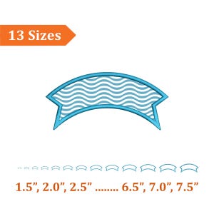 May include: A blue banner with a wavy pattern, outlined in a darker blue. The image shows 13 sizes, ranging from 1.5 inches to 7.5 inches. An orange arrow-shaped label reads "13 Sizes".