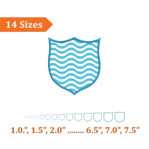 May include: A blue shield design with a wavy pattern, outlined in a darker blue. The image includes the text "14 Sizes" in an orange banner. Below the shield are several smaller shield outlines with size measurements ranging from 1.0" to 7.5".