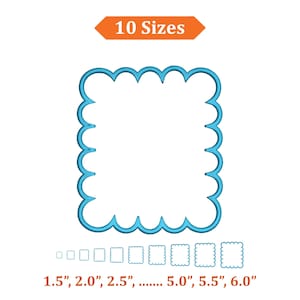 May include: A blue scalloped square design with the text "10 Sizes" in an orange banner. Below are examples of the design in various sizes, ranging from 1.5" to 6.0" in width. This design is suitable for crafts and embroidery.