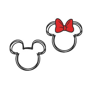 May include: Two black outlined Mickey Mouse head shapes, one with a red bow. The shapes are on a white background. The Mickey Mouse head shapes are a classic design.