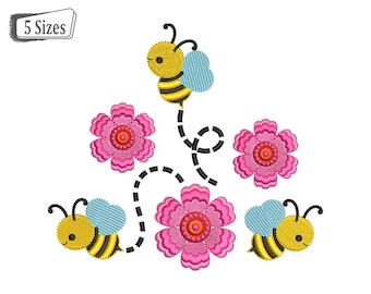 Bee Floral Machine Embroidery Files, Daisy Flowers Bumble Honey Bees and Blooms digital Embroidery Designs  - 3 Sizes - Digital Download